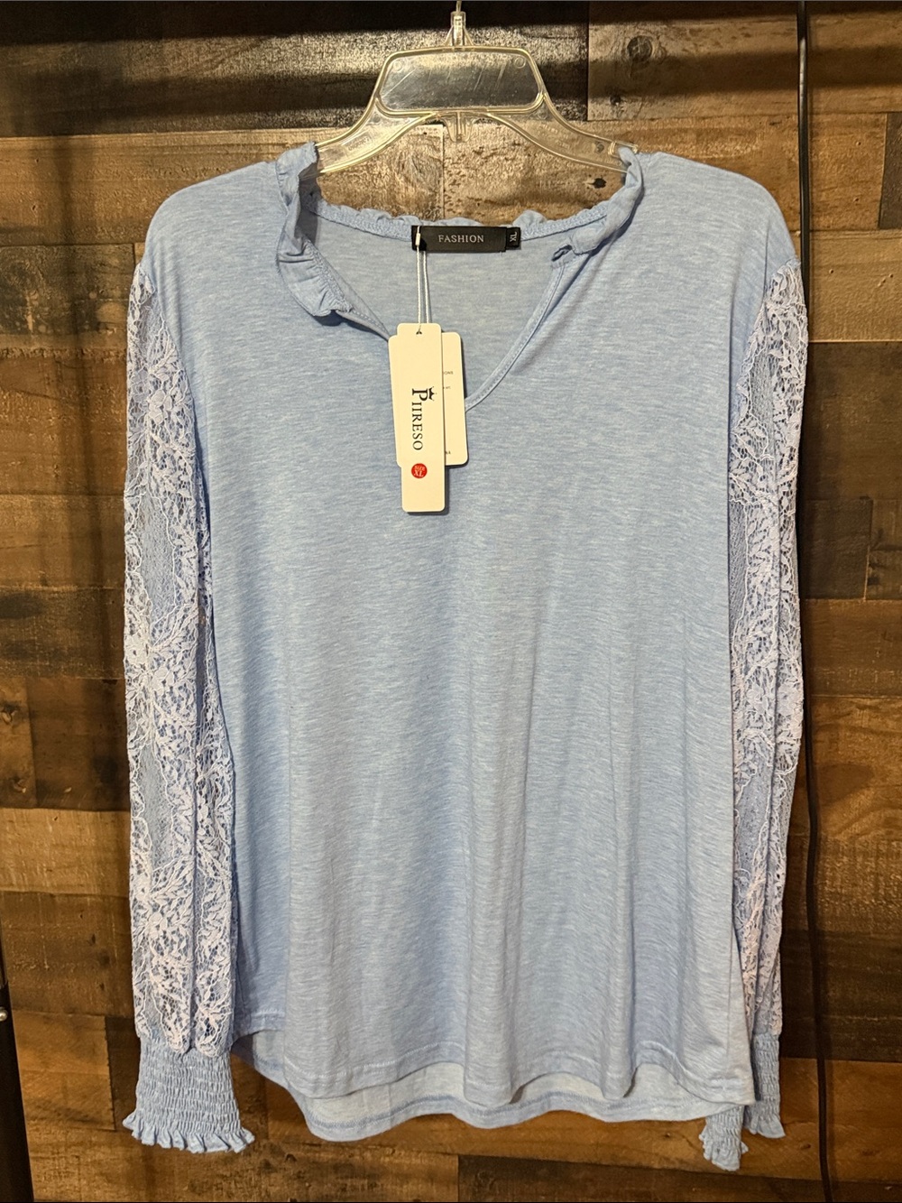 Women's Light Blue Lace-Sleeve Long Sleeve Top by Fashion